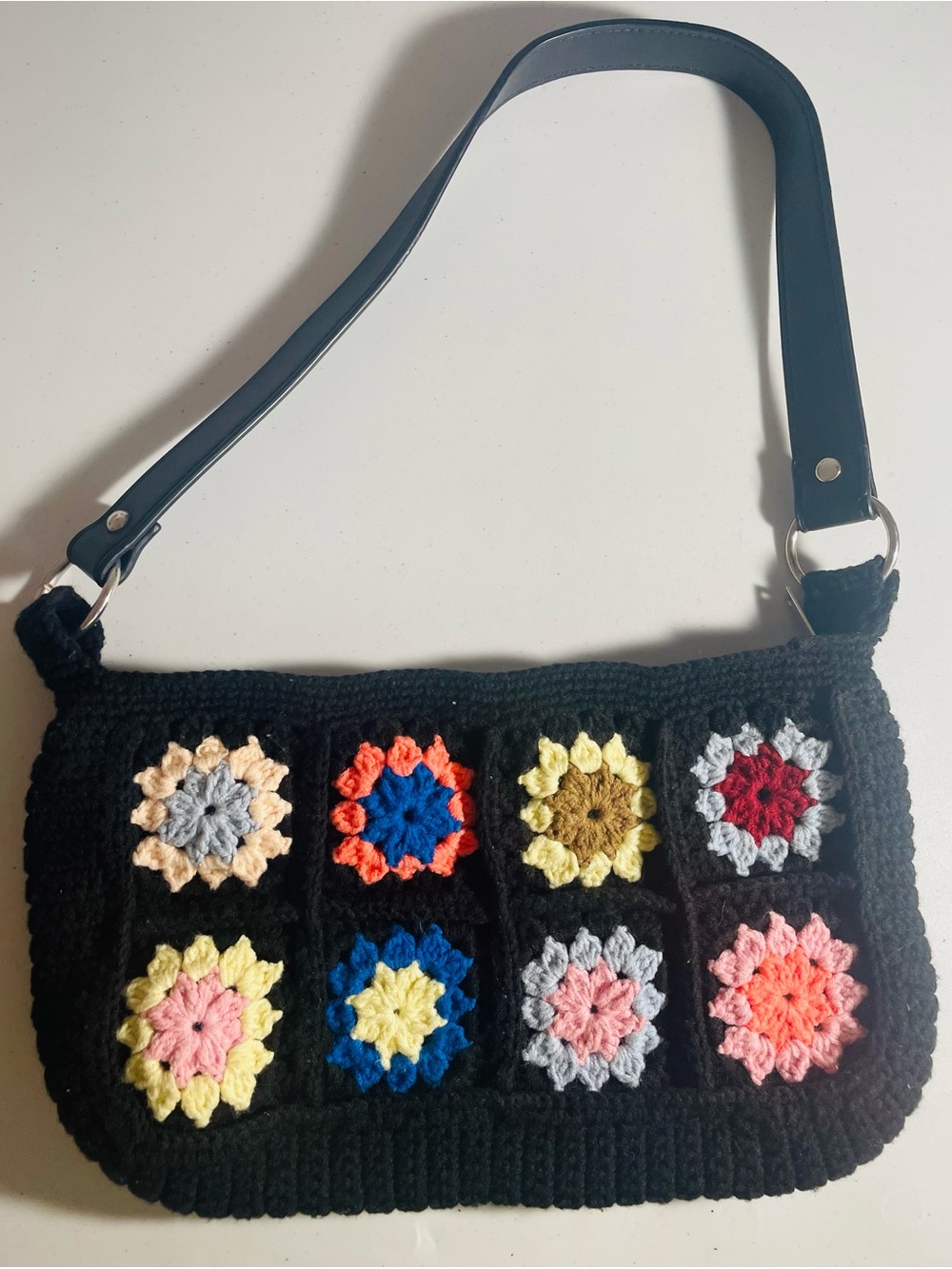 Handmade Black Crochet Granny Square Shoulder Bag with Multicolor Accents